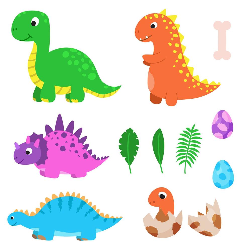 grand ensemble de dinosaures de dessin animé drôle, illustration mignonne dans un style plat. 4 dinosaures colorés, bébé, œufs et feuilles de palmier. impression colorée pour vêtements, livres, textile, décoration. illustration pour les enfants, les enfants vecteur