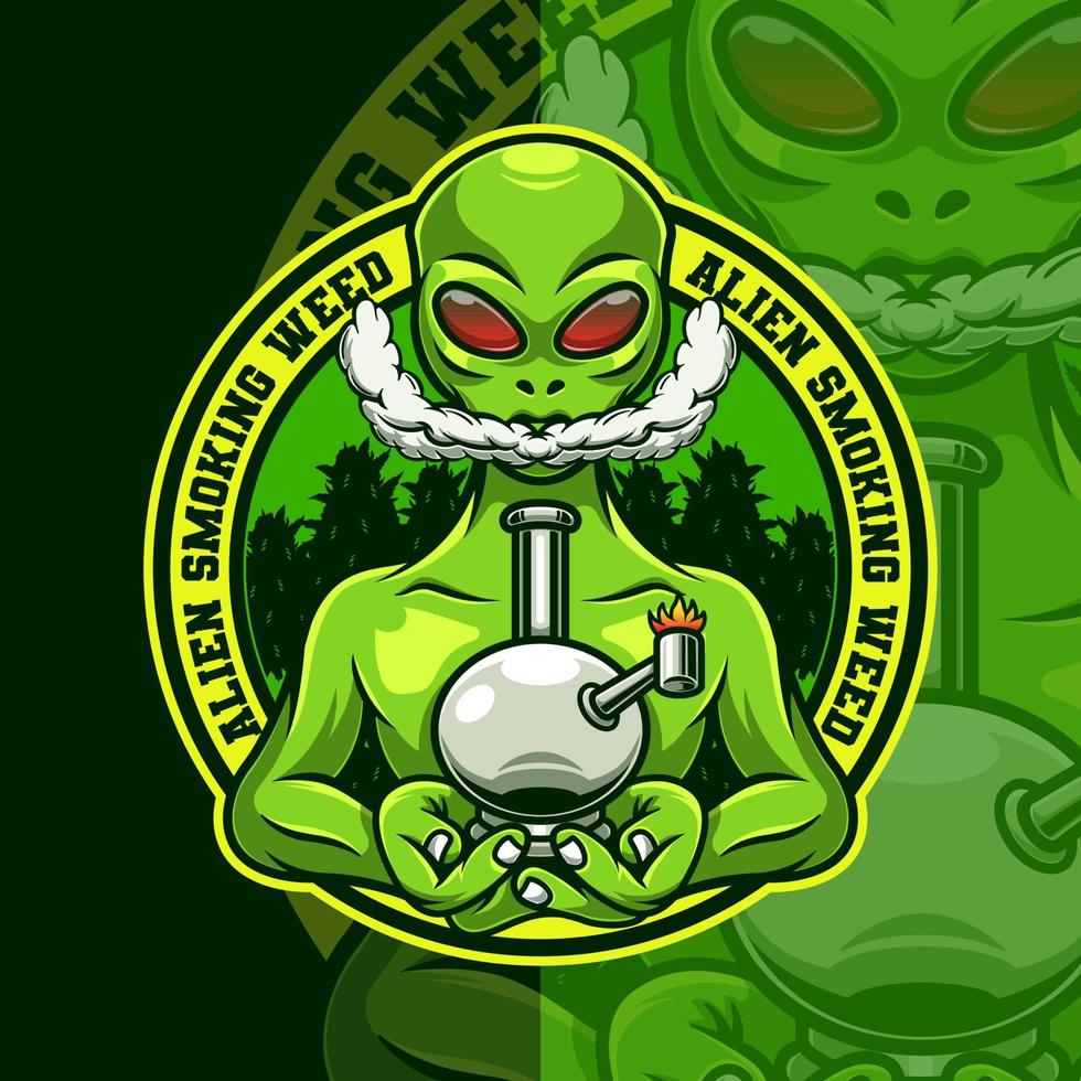 modèle de logo de mascotte de cannabis fumeur extraterrestre vecteur