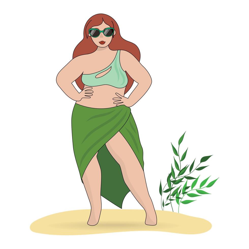 une belle fille au corps positif en maillot de bain, paréo et lunettes de soleil sur la plage. vecteur
