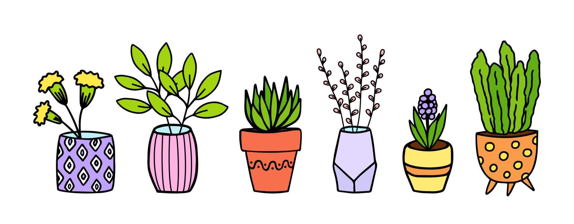 mignons fleurs en pot doodle croquis dessinés à la main. plantes colorées décoratives en pots et vases. illustration botanique vintage. vecteur isolé
