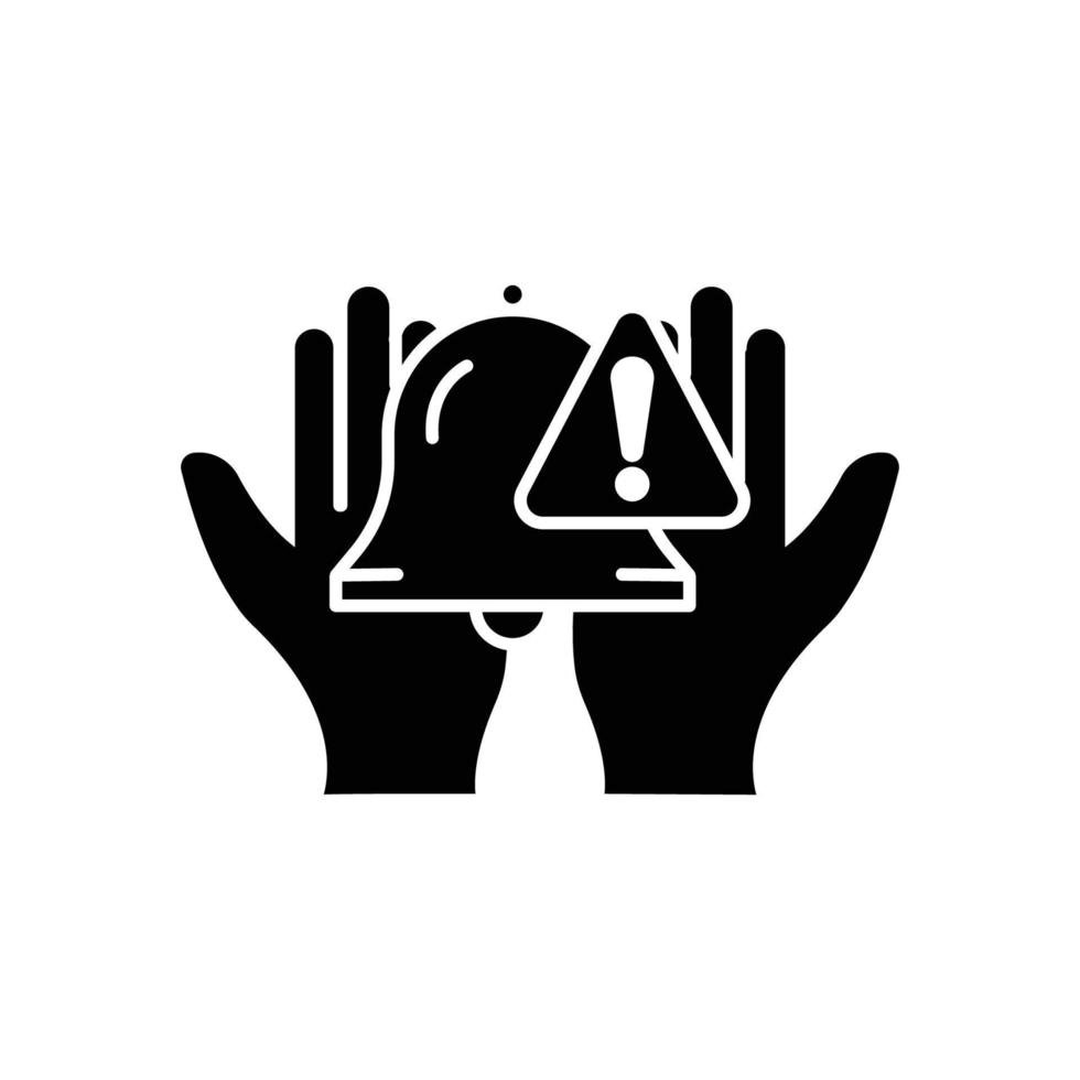 icône de la main avec cloche et point d'exclamation. adapté au symbole de notification, avertissement. style d'icône solide. conception simple modifiable. vecteur de modèle de conception