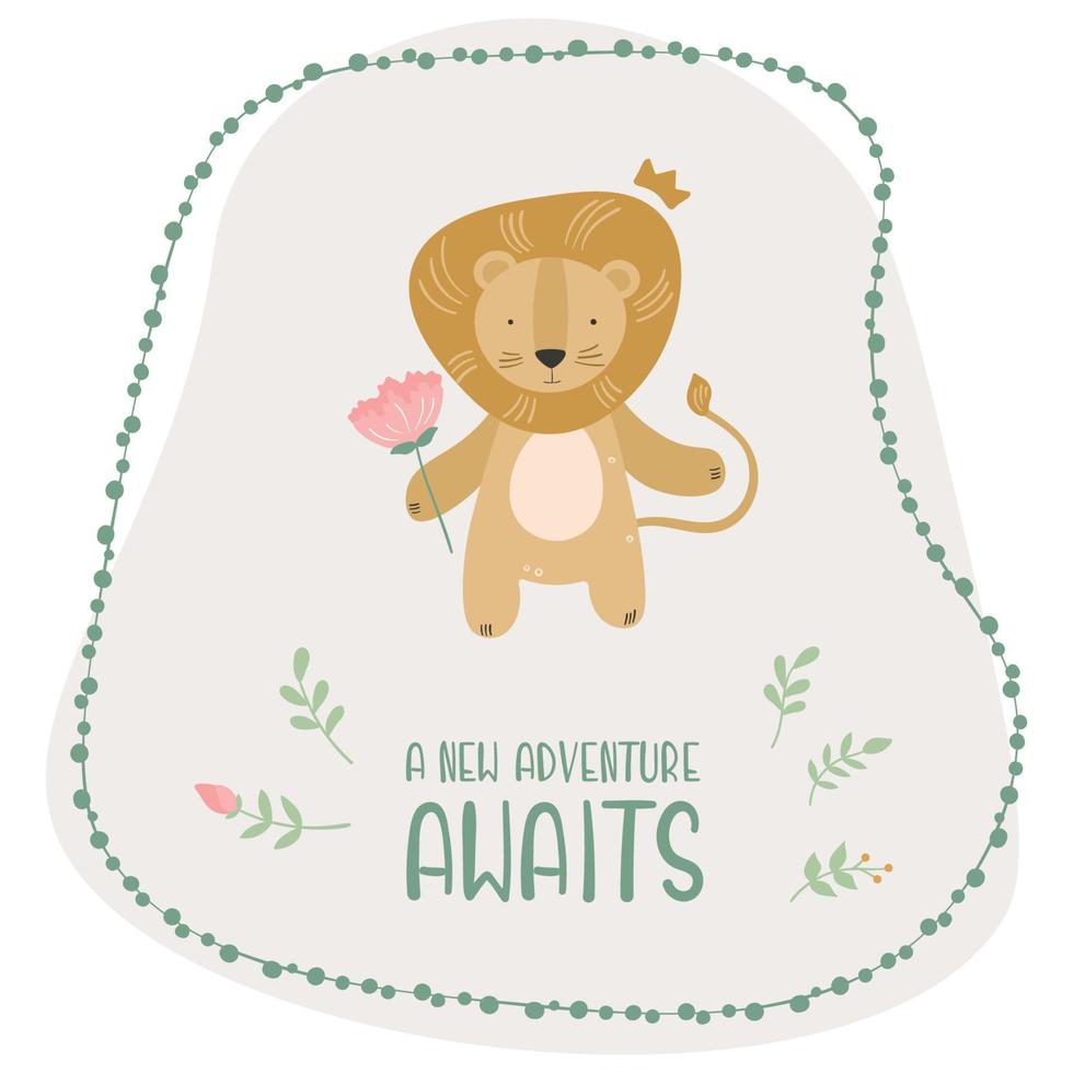 carte de bébé lion mignon dessin animé avec texte vecteur