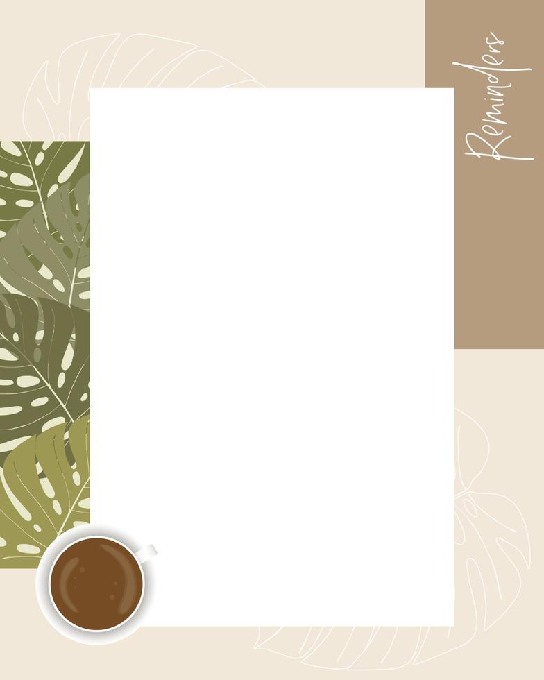 rappel collage scrapbooking notes to do list planner, texte, papier ligné, café et monstera. artisanat d'époque. vecteur