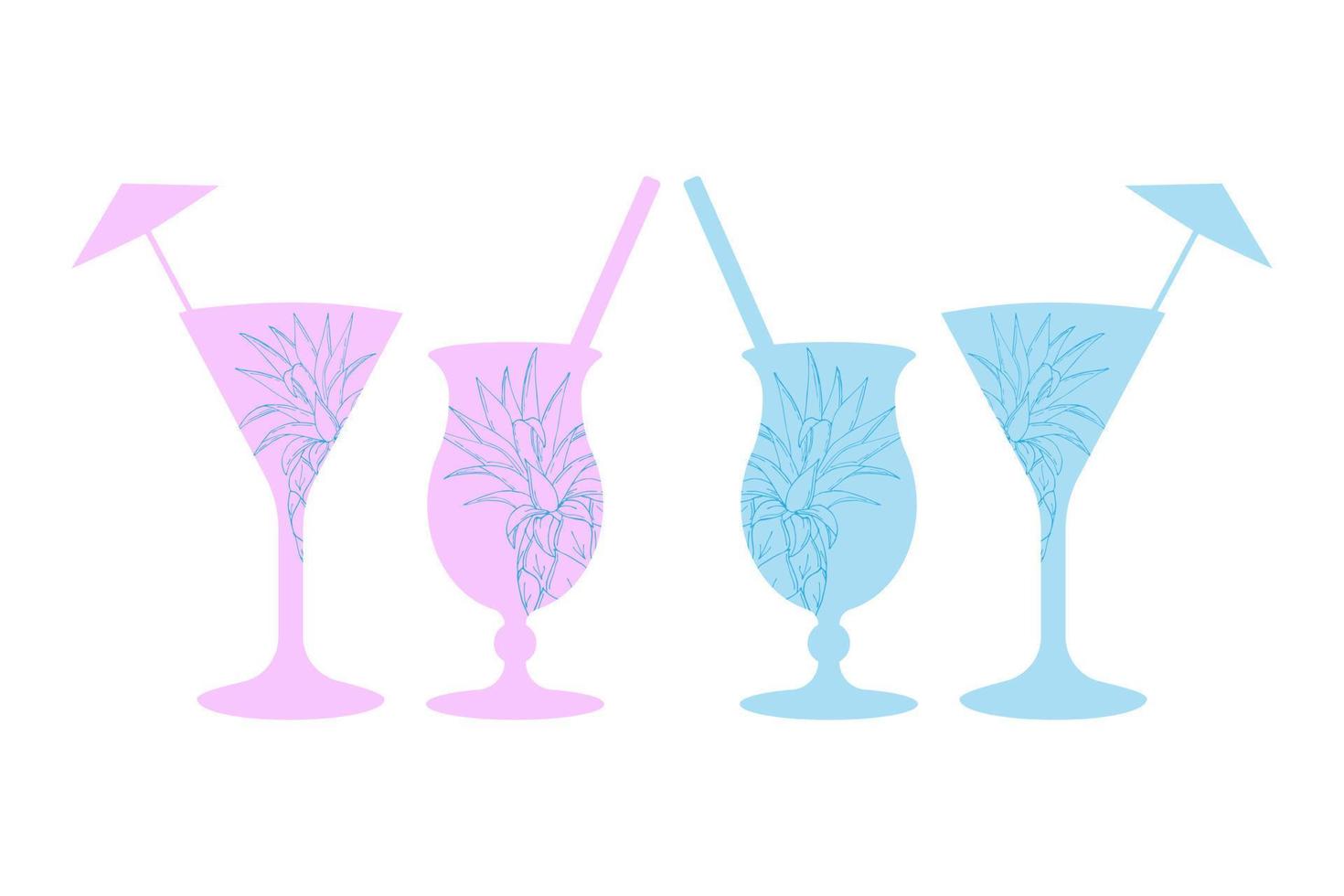 cocktails silhouettes d'été bleu et rose avec contour d'ananas, doodle dessiné à la main, isolé, fond blanc. vecteur