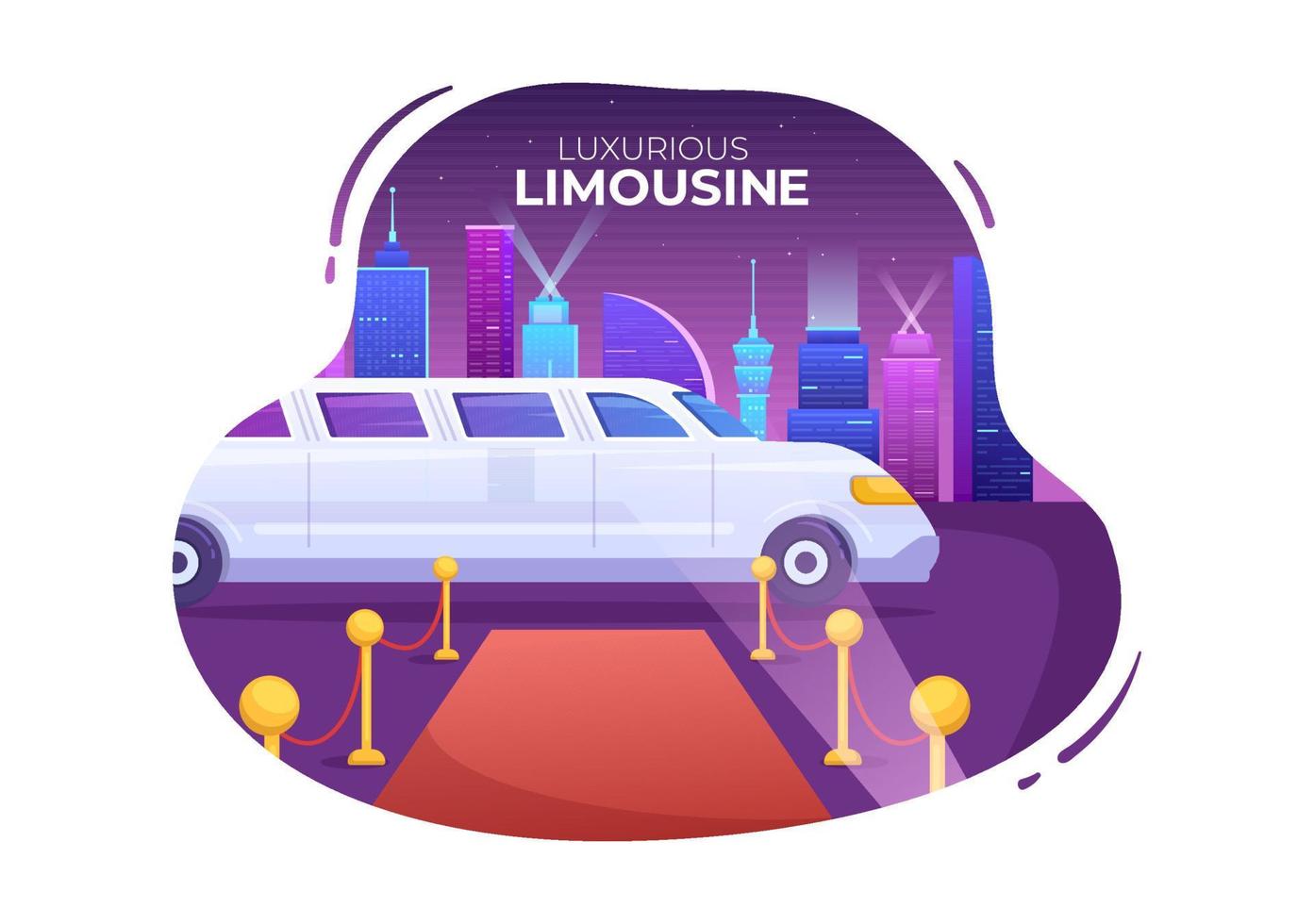 voiture de limousine vip de tapis rouge pour la marche de la superstar des célébrités avec vue sur le paysage de la ville de nuit en illustration de dessin animé à plat vecteur