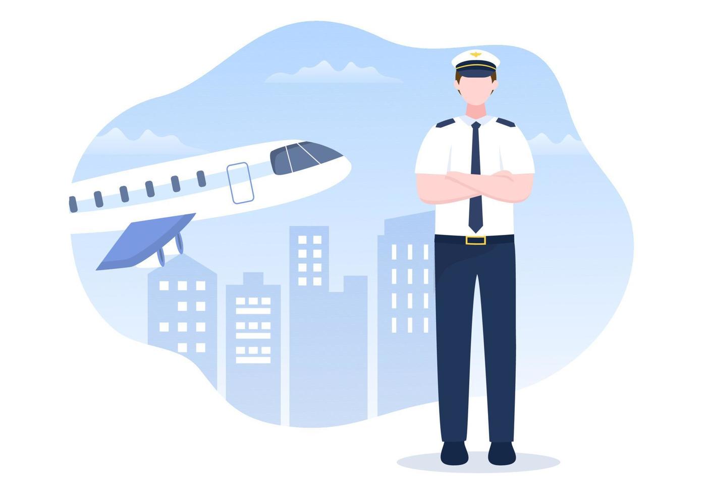 illustration vectorielle de dessin animé pilote avec conception de fond avion, hôtesse de l'air, ville ou aéroport vecteur