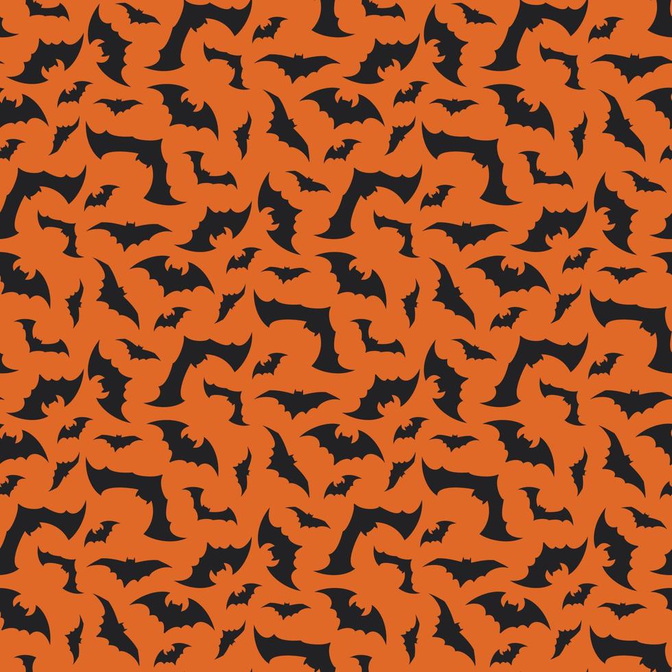 motif lumineux avec des chauves-souris noires sur fond orange. décoration d'automne festive d'halloween. impression de vacances d'octobre pour l'impression papier, le textile et le design. illustration vectorielle plate vecteur