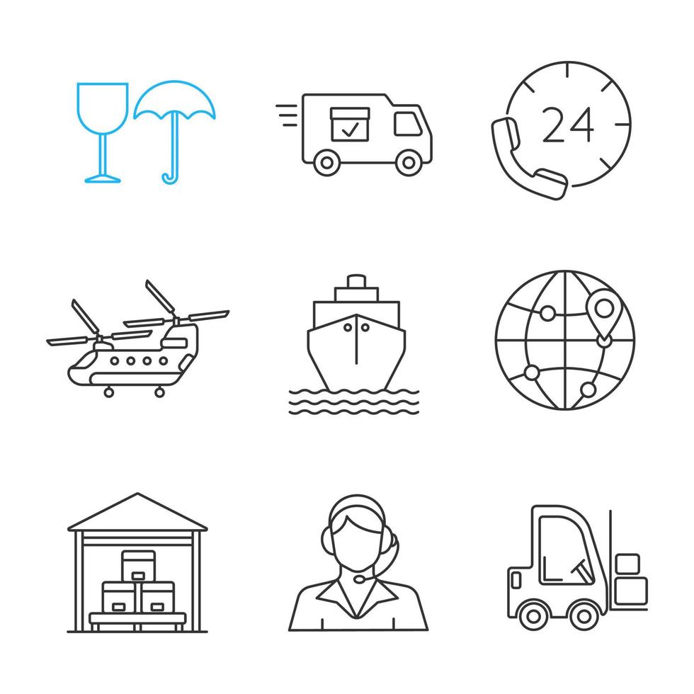 ensemble d'icônes linéaires d'expédition de fret. fragile, fourgon de livraison, hotline, hélicoptère, navire, globe, entrepôt, opérateur de centre d'appels, chariot élévateur. symboles de contour de ligne mince. illustrations vectorielles isolées vecteur
