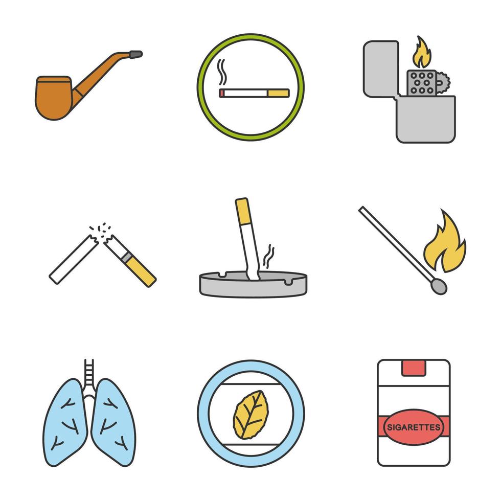 jeu d'icônes de couleur de fumer. pipe à tabac, zone fumeurs, briquet à clapet, cigarettes cassées et écrasées, allumette, poumons humains, feuille de tabac, paquet de cigarettes. illustrations vectorielles isolées vecteur