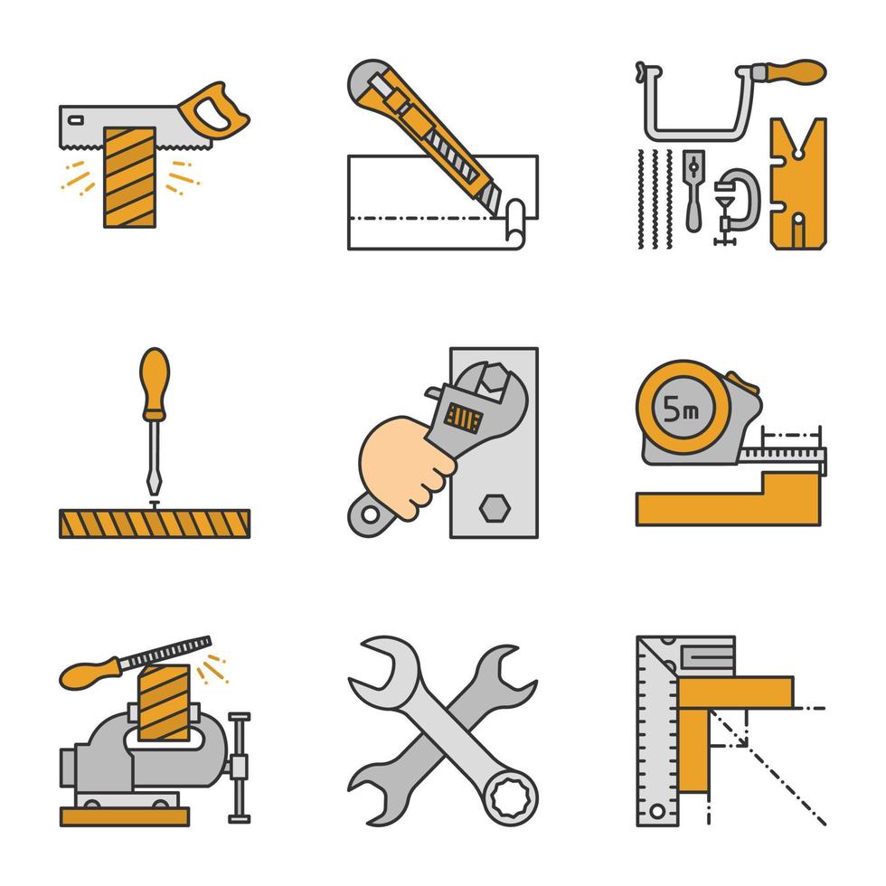 ensemble d'icônes de couleur d'outils de construction. scie à tenon, couteau de papeterie, ensemble de scie de bijoutier, tournevis, clé, mètre, étau, clés croisées, équerre. illustrations vectorielles isolées vecteur