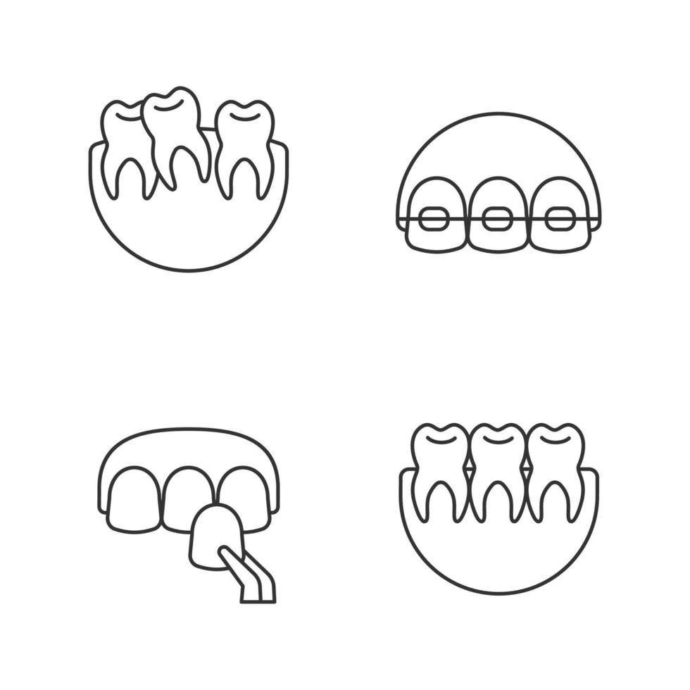 ensemble d'icônes linéaires de dentisterie. stomatologie. dents tordues et saines, appareils dentaires, placage. symboles de contour de ligne mince. illustrations vectorielles isolées vecteur
