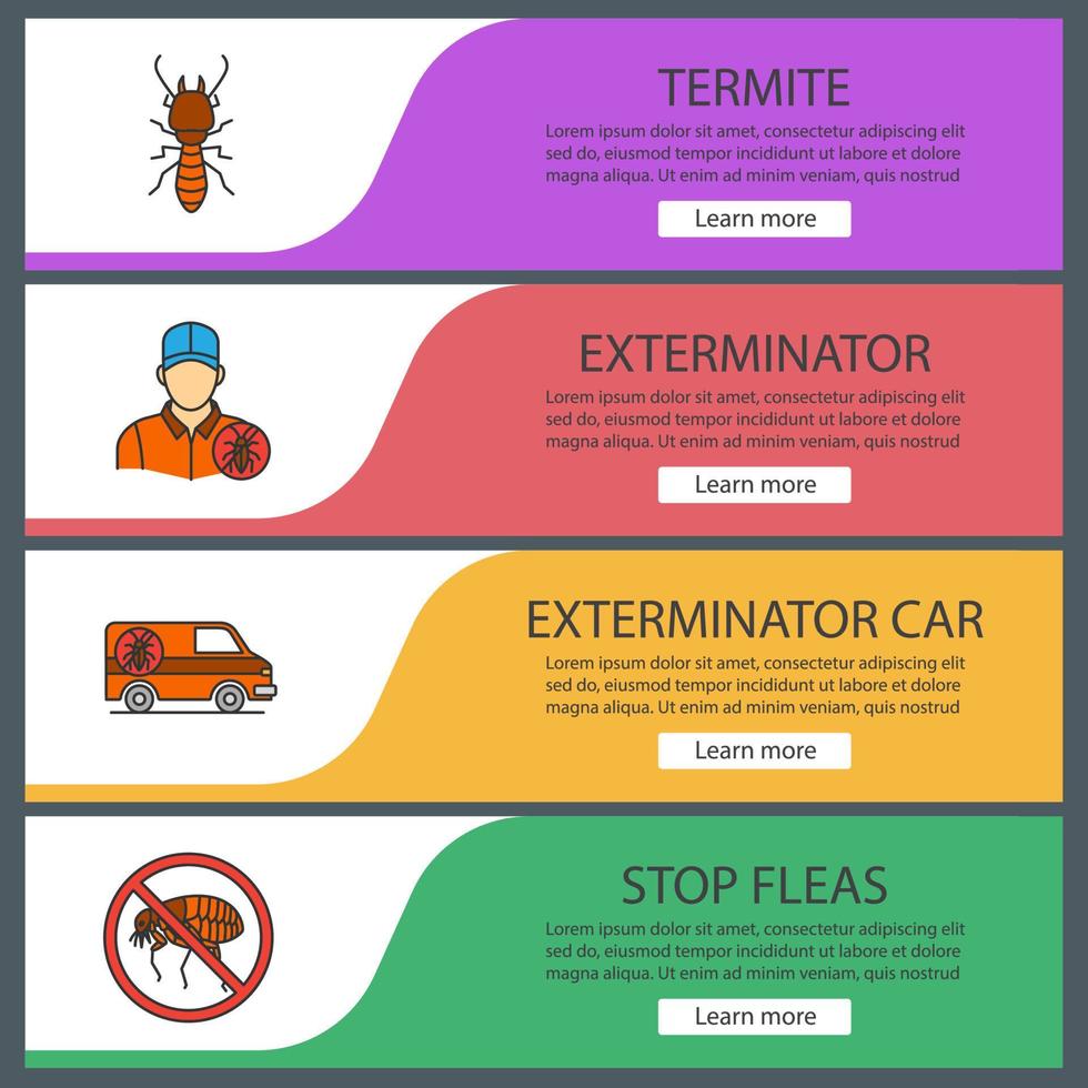 ensemble de modèles de bannière web de lutte antiparasitaire. termite, voiture d'exterminateur, stop puces. éléments de menu couleur du site Web avec des icônes linéaires. concepts de conception d'en-têtes vectoriels vecteur