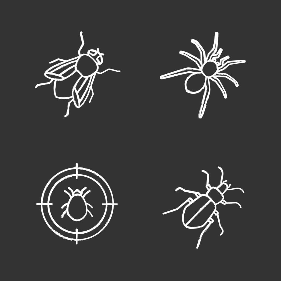 jeu d'icônes de craie antiparasitaire. cible d'acariens, carabe, araignée, mouche domestique. illustrations de tableau de vecteur isolé