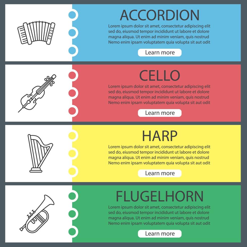 ensemble de modèles de bannière web d'instruments de musique. accordéon, violoncelle, harpe, bugle. éléments de menu couleur du site Web avec des icônes linéaires. concepts de conception d'en-têtes vectoriels vecteur