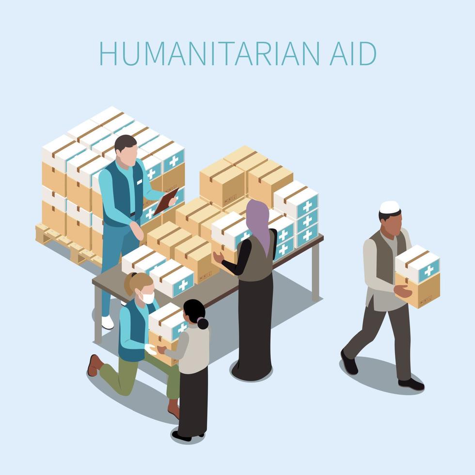 illustration isométrique de l'aide humanitaire vecteur