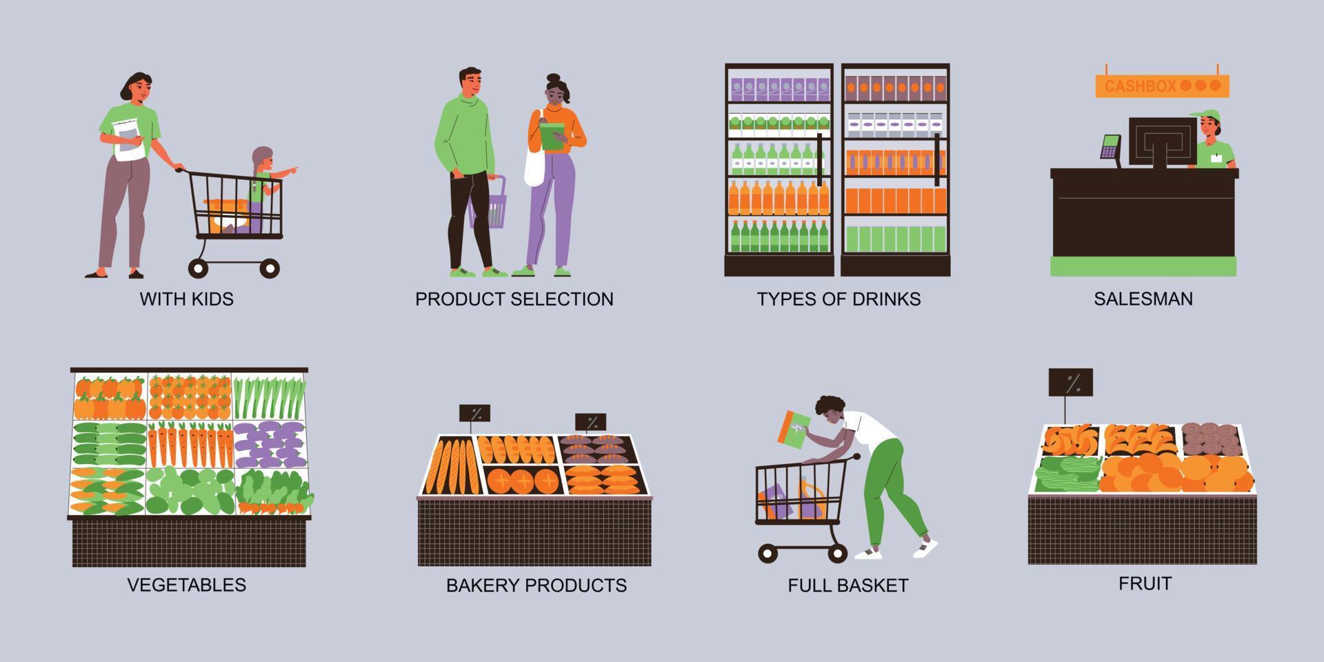 ensemble de compositions de couleurs de supermarché vecteur