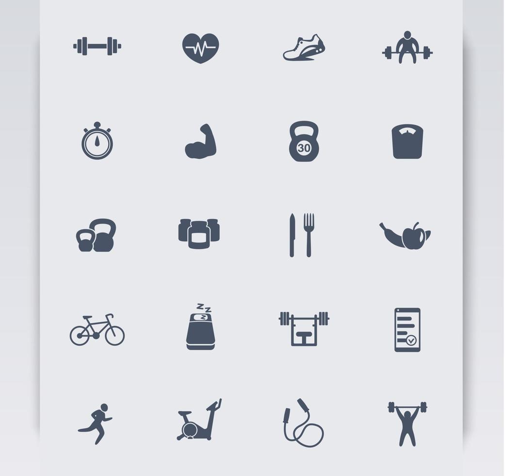 20 icônes de remise en forme, mode de vie actif, icônes vectorielles de remise en forme, gym, sport, entraînement, icônes d'entraînement, pictogrammes de remise en forme, illustration vectorielle vecteur