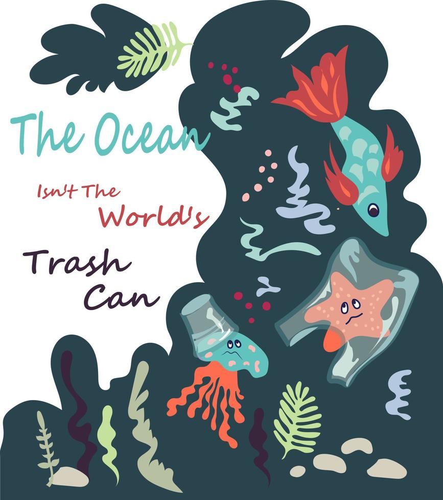 une affiche contenant un appel à sauver l'océan des déchets plastiques avec un poisson et d'autres mers empêtrés dans des sacs en plastique. lutter pour l'écologie et réduire l'utilisation du concept plastique. vecteur