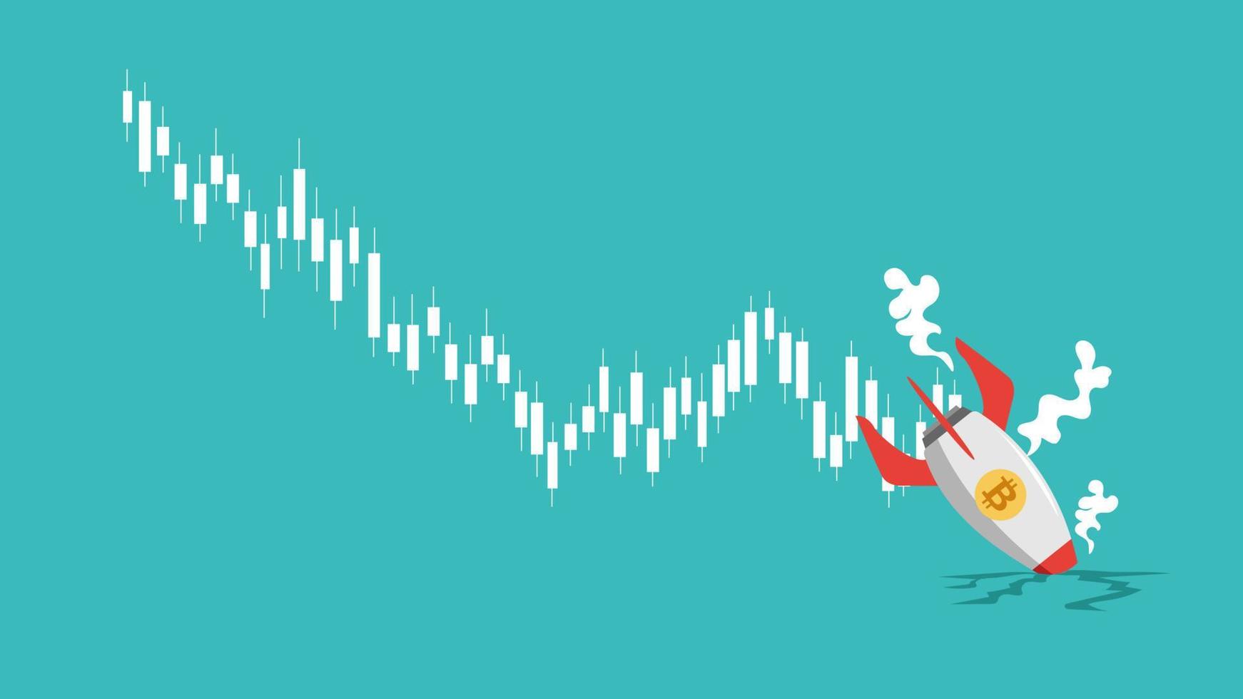 crash de fusée bitcoin sur la terre. le prix du bitcoin chute, provoquant une énorme perte d'illustration vectorielle de concept vecteur