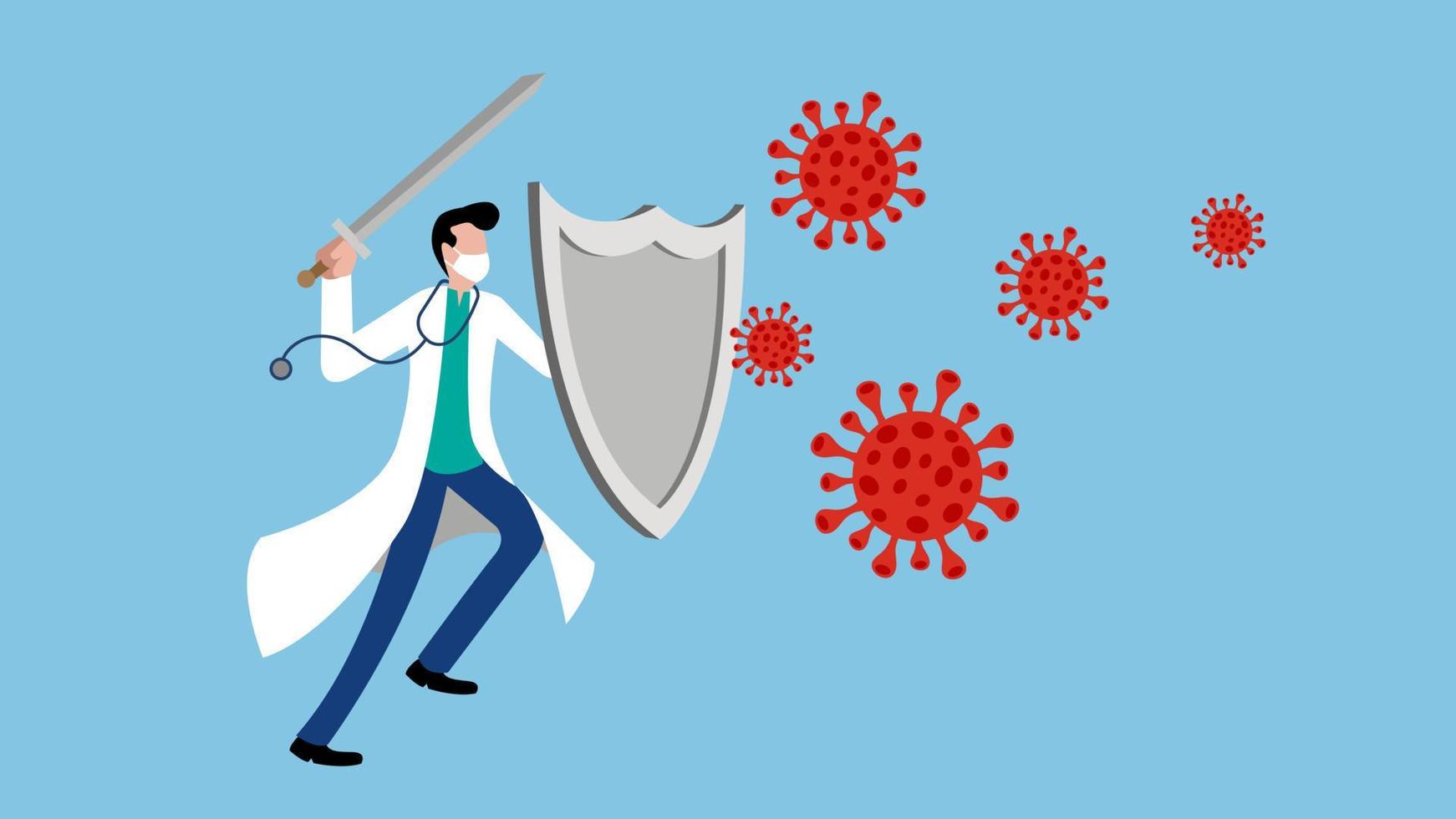 médecin de sexe masculin portant un masque médical avec bouclier et épée face à des particules de virus illustration vectorielle de dessin animé vecteur