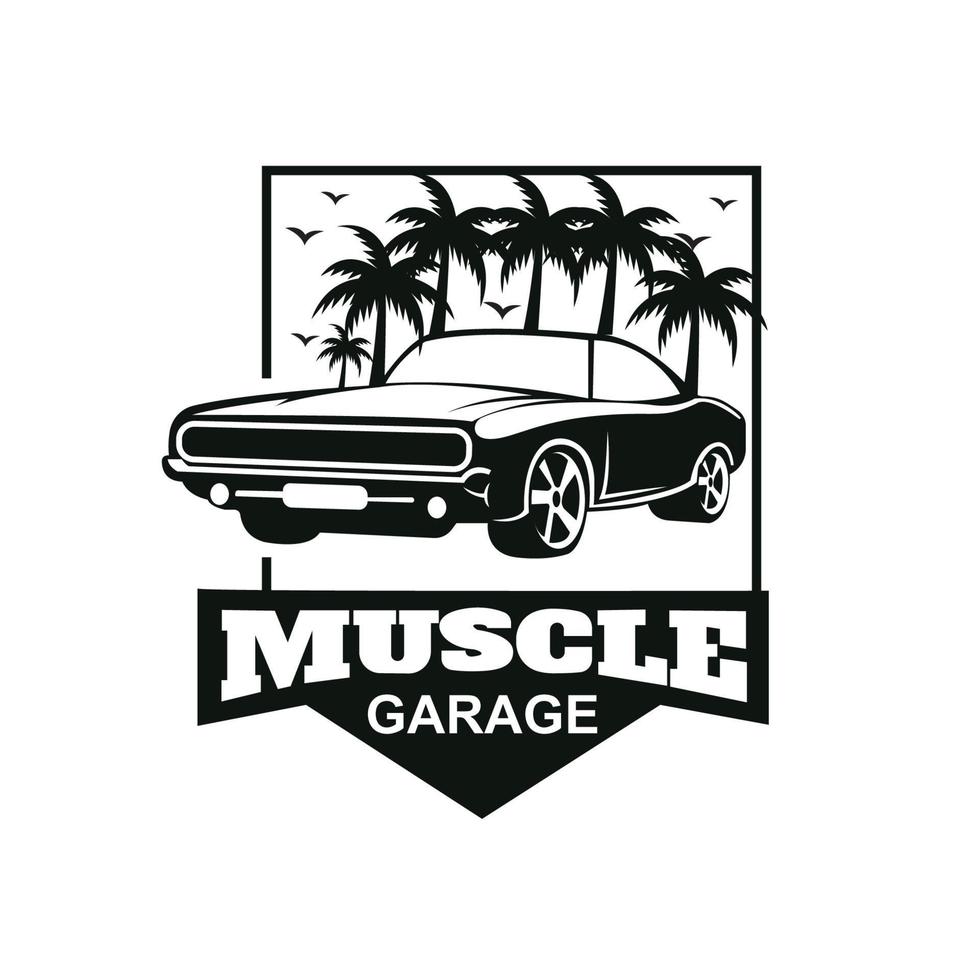 vecteur de logo de voiture de muscle américain. conception vintage, garage de voiture de style ancien ou classique, boutique, réparation de restauration de voiture et course, concept rétro