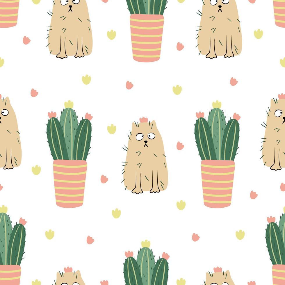 chats drôles et motif sans couture de cactus en fleurs sur blanc. illustration vectorielle plane dessinée à la main. plantes en pot et animaux de compagnie. idéal pour les tissus, les papiers d'emballage, les papiers peints, les couvertures vecteur