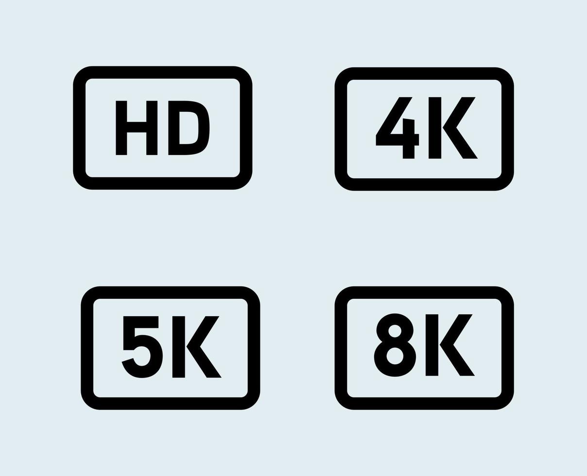 icônes de résolution vidéo ou d'écran hd, 4k, 5k, 8k. vecteur