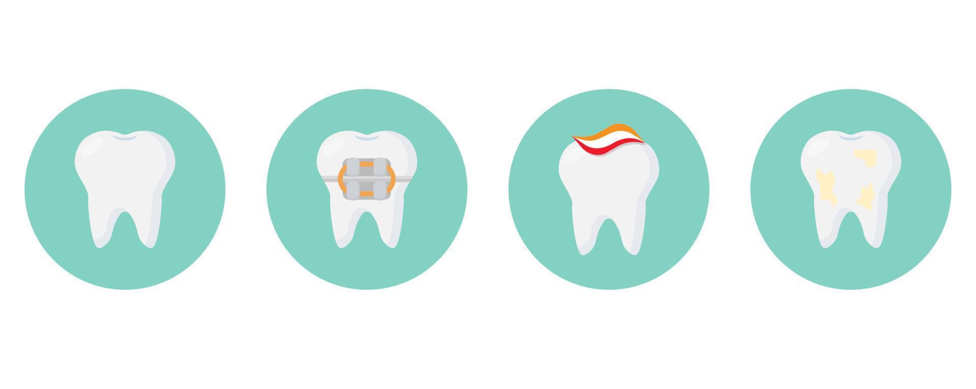 dentisterie. jeu d'icônes de dent. une dent saine, une dent avec un appareil dentaire, une dent malade, une dent avec du dentifrice. vecteur