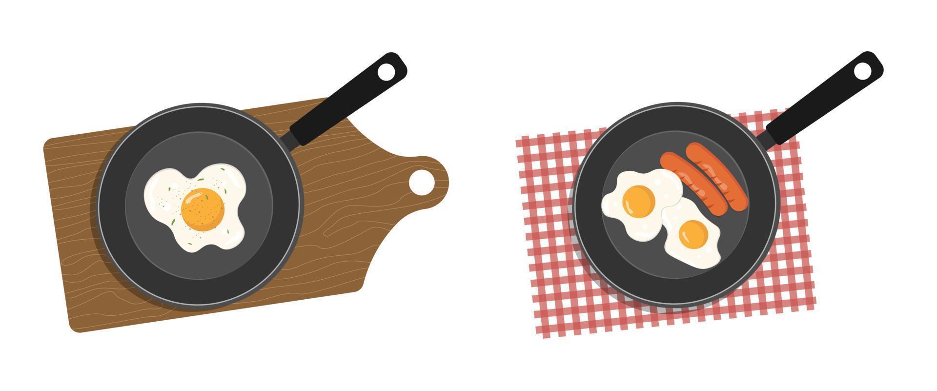 omelette aux jaunes d'oeufs dans une poêle. petit-déjeuner dans une casserole avec œuf, pois verts et saucisses. vecteur