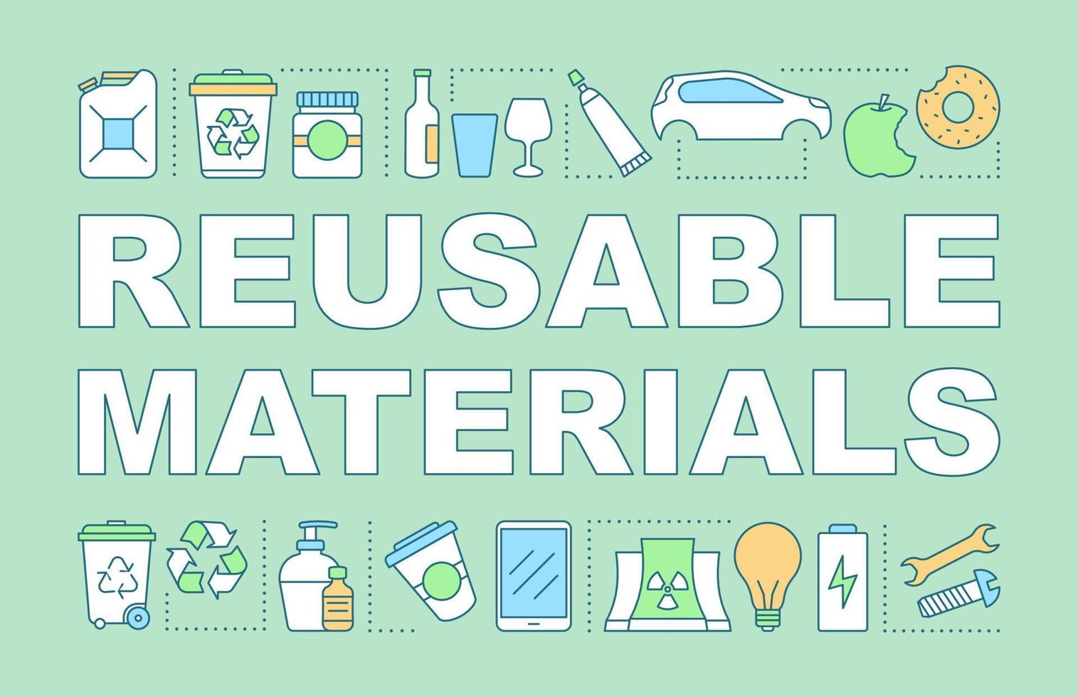 bannière de concepts de mots de matériaux réutilisables. tri des poubelles. le recyclage des déchets. voirie. la pollution. préservation de l'environnement. typographie de lettrage isolé avec des icônes linéaires. illustration de contour de vecteur