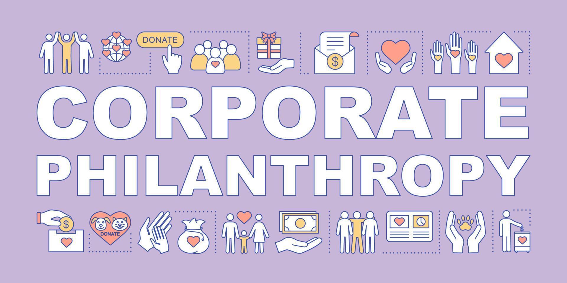 bannière de concepts de mots de philanthropie d'entreprise. la charité et le bénévolat. responsabilité sociale. organisation caritative. bien-être social. typographie de lettrage isolé. illustration de contour de vecteur