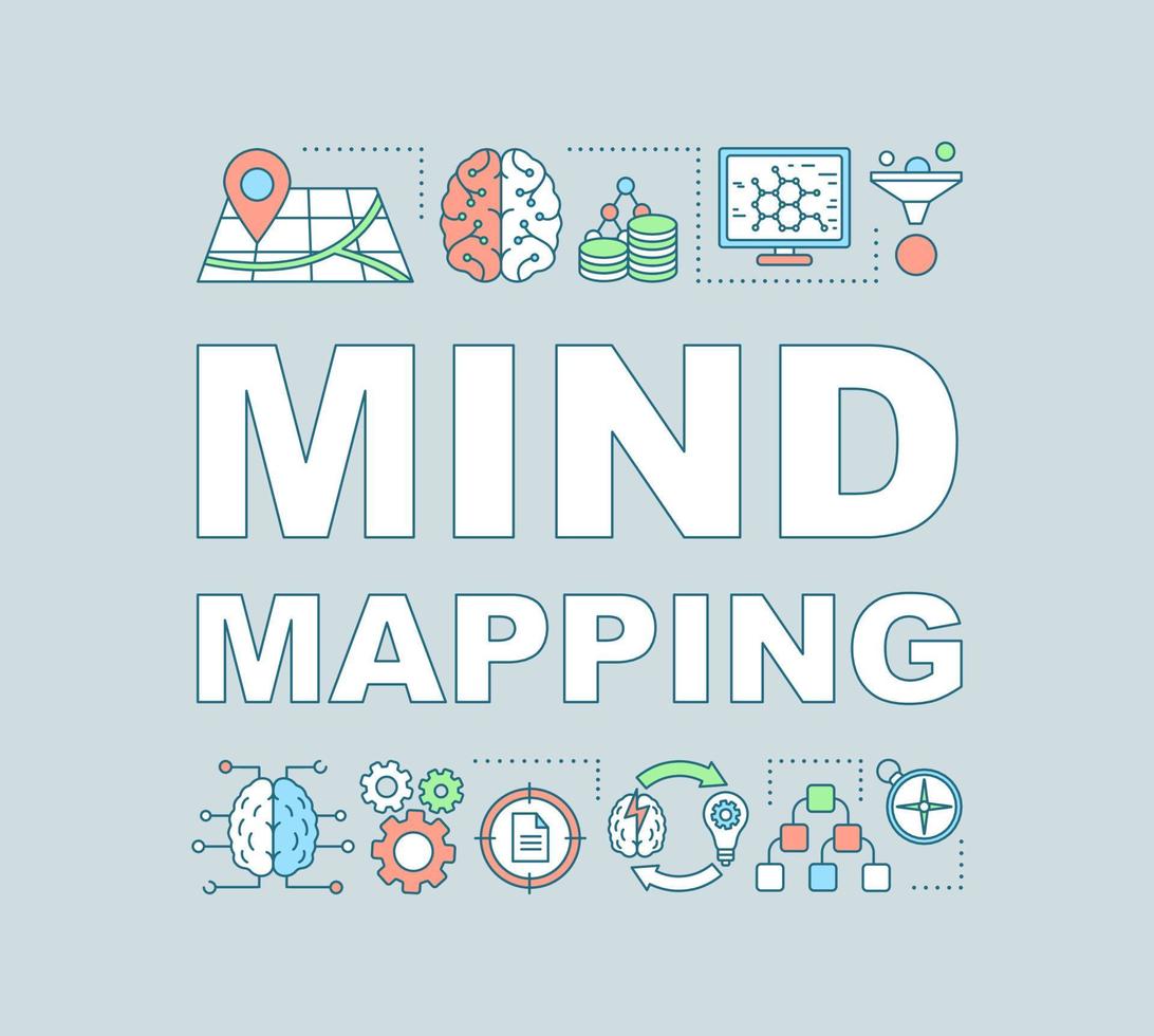 bannière de concepts de mots de cartographie mentale. compétences analytiques. Esprit critique. Big Data. idée de typographie de lettrage isolé avec des icônes linéaires. Analyse des données. illustration de contour de vecteur