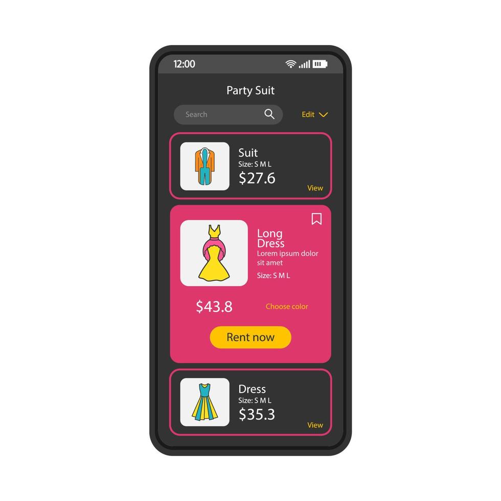 modèle de vecteur d'interface de smartphone d'application de location de vêtements. mise en page de conception noire de la page d'application d'achat mobile. costumes de fête, écran de location de robes. interface utilisateur plate. annonces de marché en ligne sur l'écran du téléphone ..