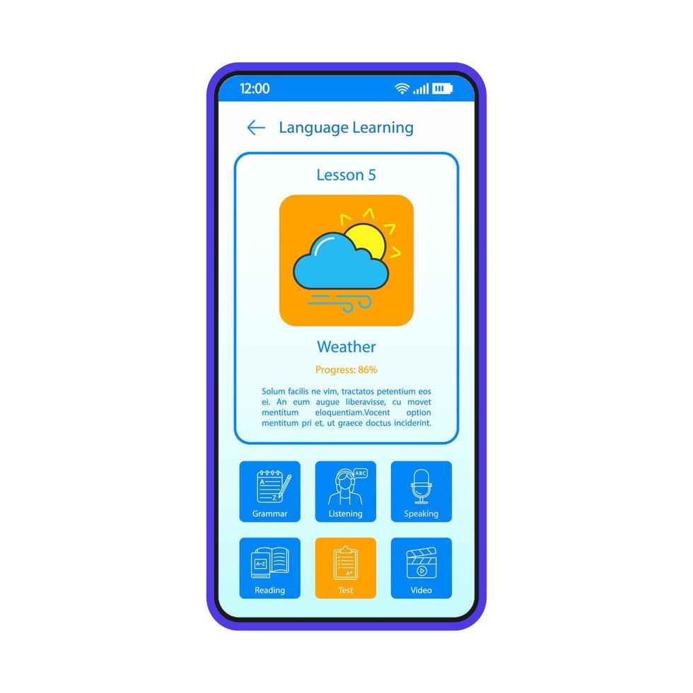 modèle de vecteur d'interface de smartphone d'application d'apprentissage de langue. mise en page de conception bleue de la page d'application mobile. écran de cours d'anglais en ligne. interface utilisateur plate. options d'écoute, de parole et de lecture sur l'écran du téléphone