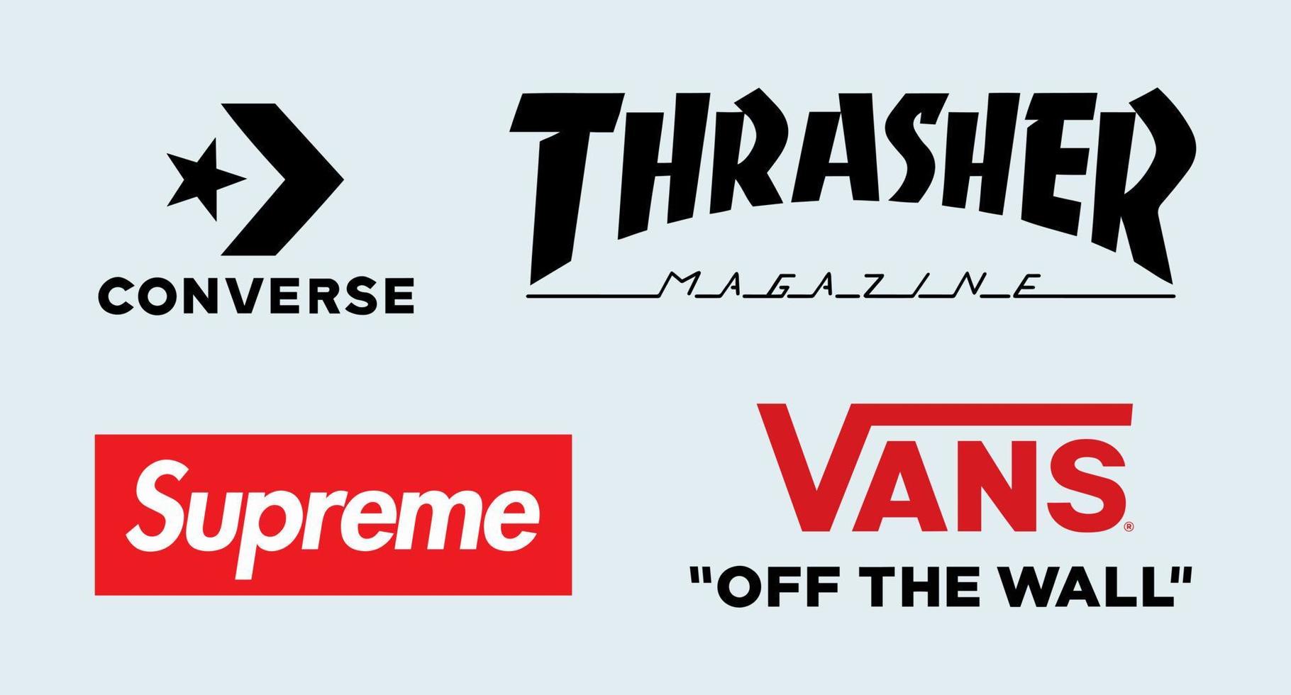 ensemble vectoriel de logo de mode, logo converse, logo thrasher, logo suprême, logo vans isolé sur fond blanc.