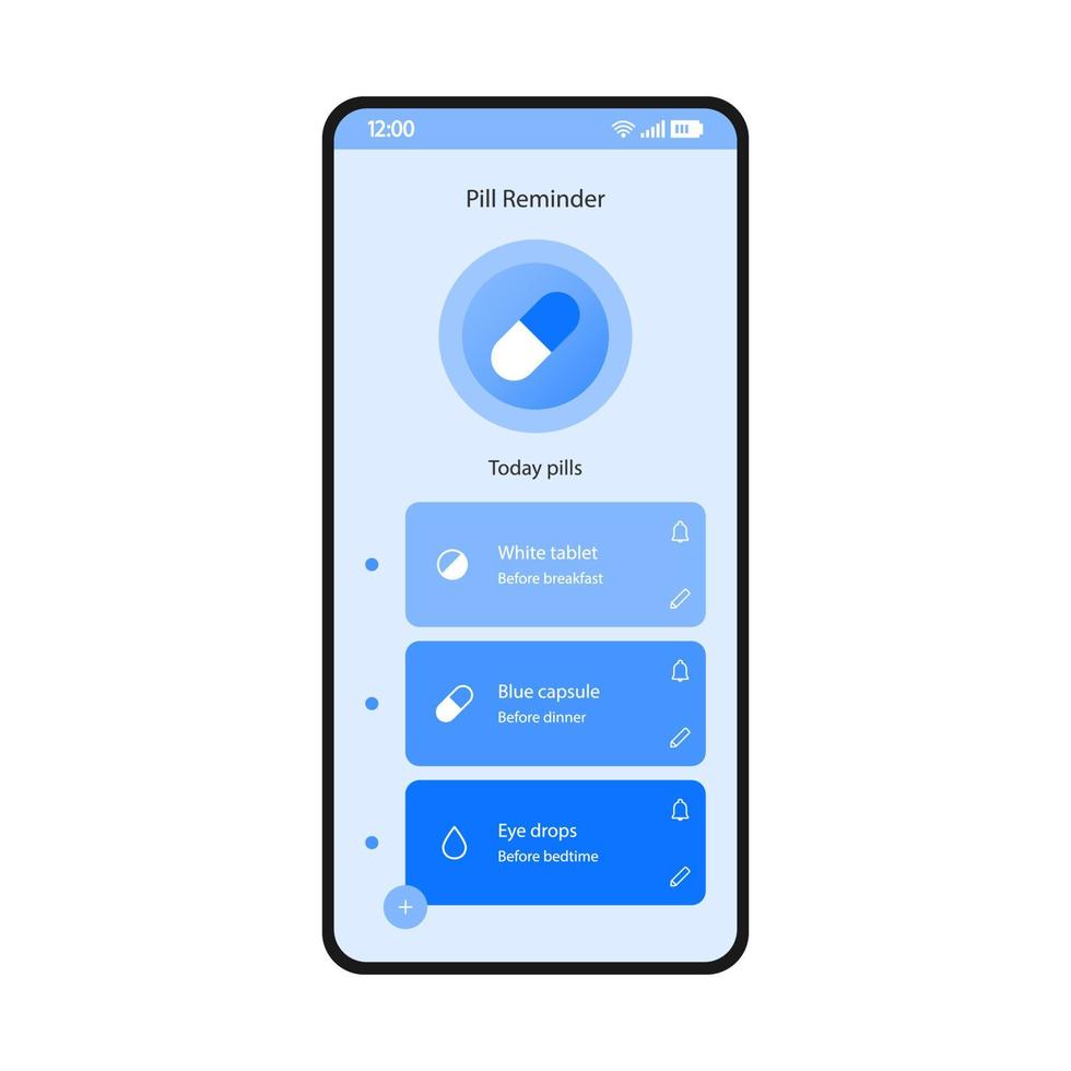 modèle de vecteur d'interface de smartphone d'application de rappel de pilule. mise en page de conception bleue de l'écran de la page de la liste des médicaments. application mobile de suivi des médicaments. interface utilisateur plate du gestionnaire de médicaments. prescriptions médicales sur l'écran du téléphone..