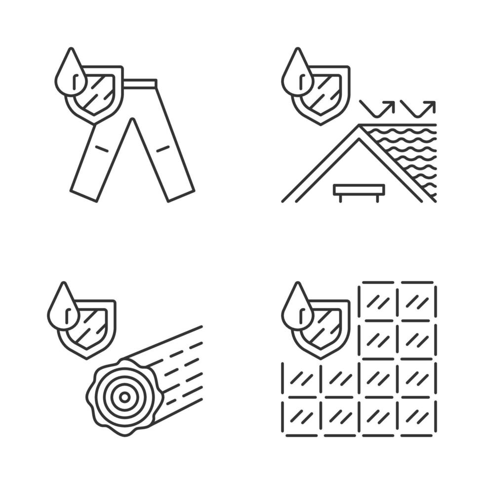 ensemble d'icônes linéaires d'étanchéité. matériaux résistants à l'eau. pantalon imperméable, toit, bois, tuile. protection liquide. symboles de contour de ligne mince. illustrations vectorielles isolées. trait modifiable vecteur