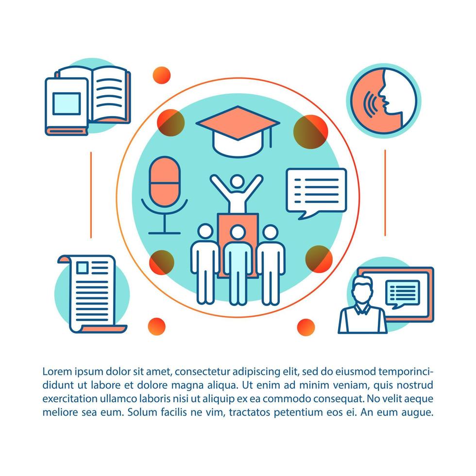 modèle de vecteur de page d'article de cours de compétence de prise de parole en public. brochure, magazine, élément de conception de livret avec icônes de ligne et zones de texte. école de conférenciers professionnels. design d'impression. illustrations conceptuelles