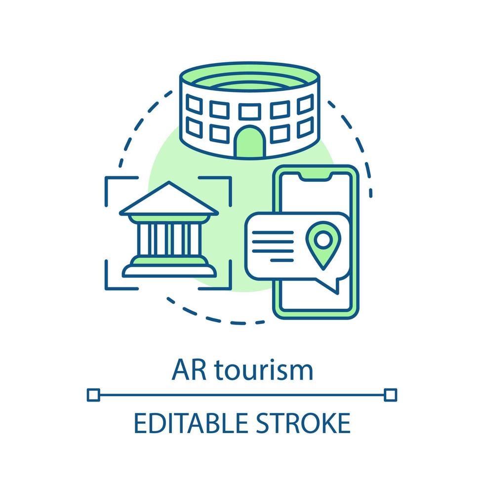 icône de concept de tourisme ar. hôtels interactifs. guides touristiques visuels et navigation. faire du tourisme. outils de réalité augmentée pour l'illustration de la ligne mince de l'idée du voyageur. dessin de contour isolé de vecteur