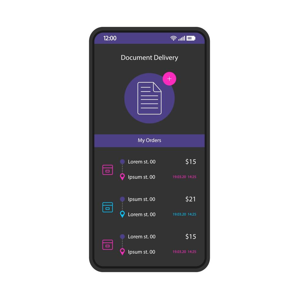 modèle de vecteur d'interface de smartphone de livraison de courrier de document. mise en page de conception noire de la page de l'application mobile. l'écran de l'historique de mes commandes. interface utilisateur plate pour l'application. ressources en ligne, location de livres. affichage du téléphone