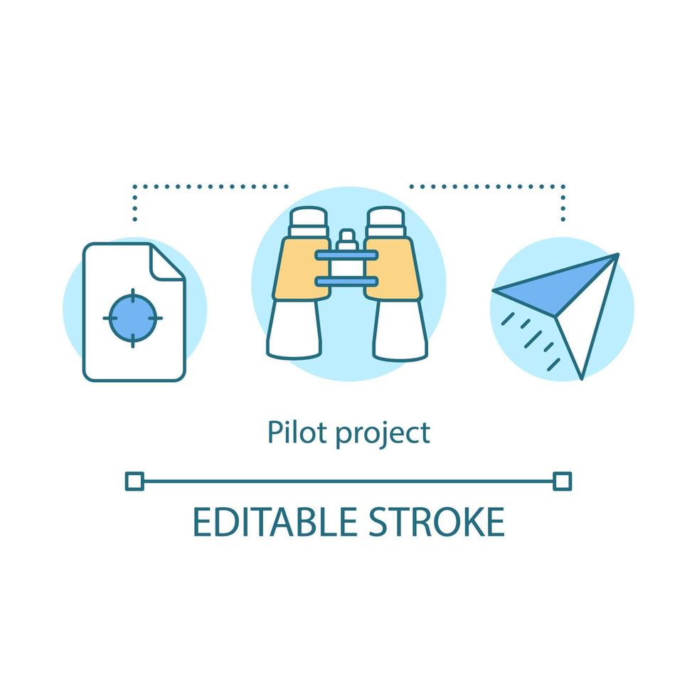 icône de concept de projet pilote. Commencez. démarrage du projet. avion en papier, cible, jumelles. illustration de ligne mince d'idée de lancement de nouveau produit. dessin de contour isolé de vecteur. trait modifiable vecteur