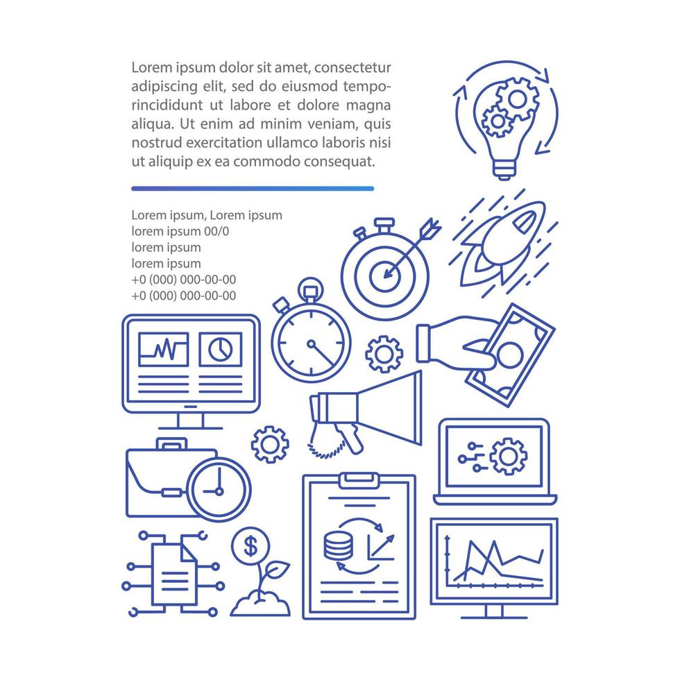 modèle de vecteur de page d'article de lancement de démarrage. planifier de nouvelles affaires. brochure, magazine, élément de conception de livret avec icônes linéaires et zones de texte. design d'impression. illustrations de concept avec espace de texte