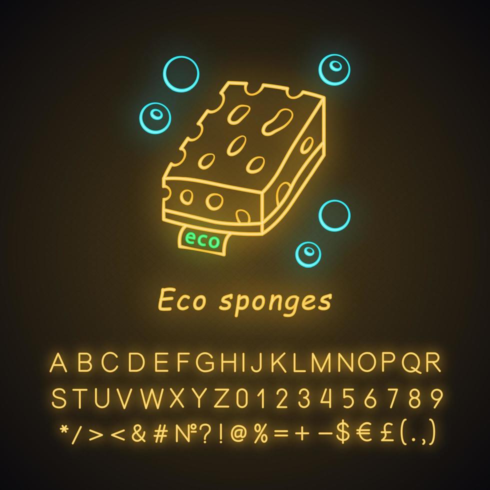 icône de néon d'éponges écologiques. ustensile de nettoyage bio. matériau écologique. éponge de cuisine réutilisable pour lave-vaisselle. signe lumineux avec alphabet, chiffres et symboles. illustration vectorielle isolée vecteur