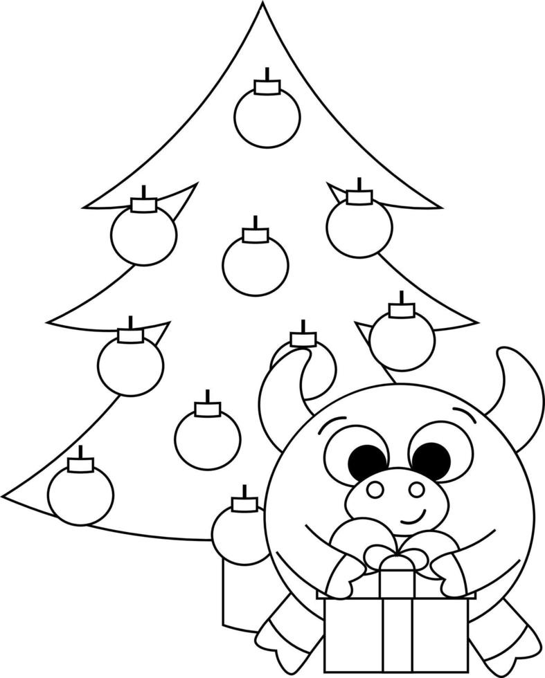 taureau mignon, arbre de noël et cadeau en noir et blanc vecteur