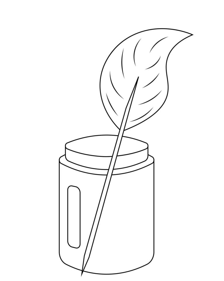 encrier en verre avec plume. dessiner une illustration en noir et blanc vecteur