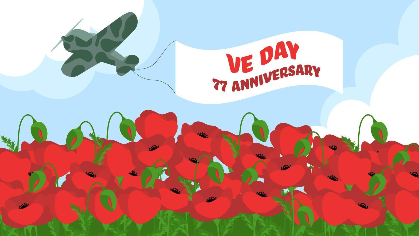 bannière de vecteur anniversaire ve day 77 avec champ de coquelicots et avion