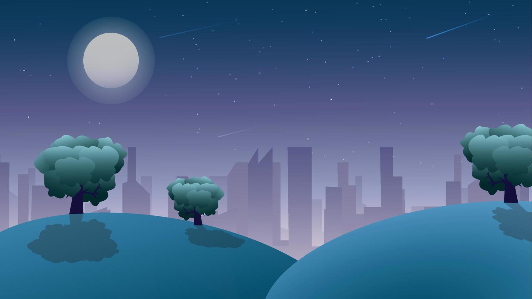 vue de paysage de nuit, vecteur de dessin animé, clair de lune, lumière des étoiles, ambiance calme