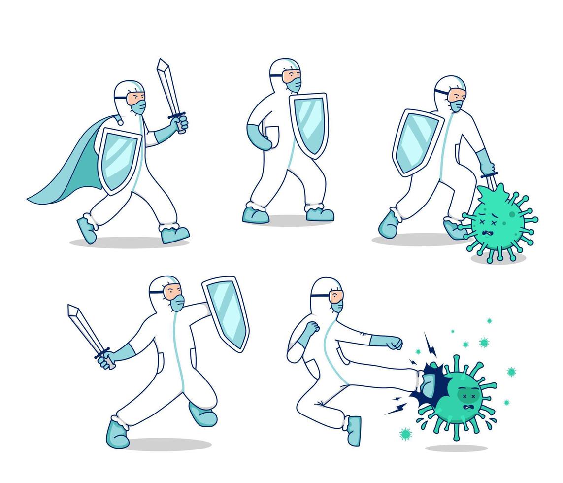 jeu de caractères vectoriels lutte contre l'illustration du virus corona covid, médecin avec épée et bouclier de combinaison de matières dangereuses lutte contre le concept de jeu de pose de personnage de mascotte de bactéries virales vecteur