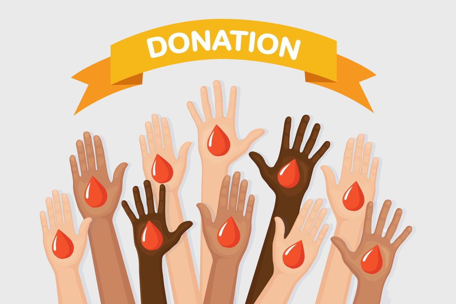 mains levées avec un coeur coloré. bénévolat, charité, concept de don de sang. merci pour les soins. vote de la foule. conception plate de vecteur