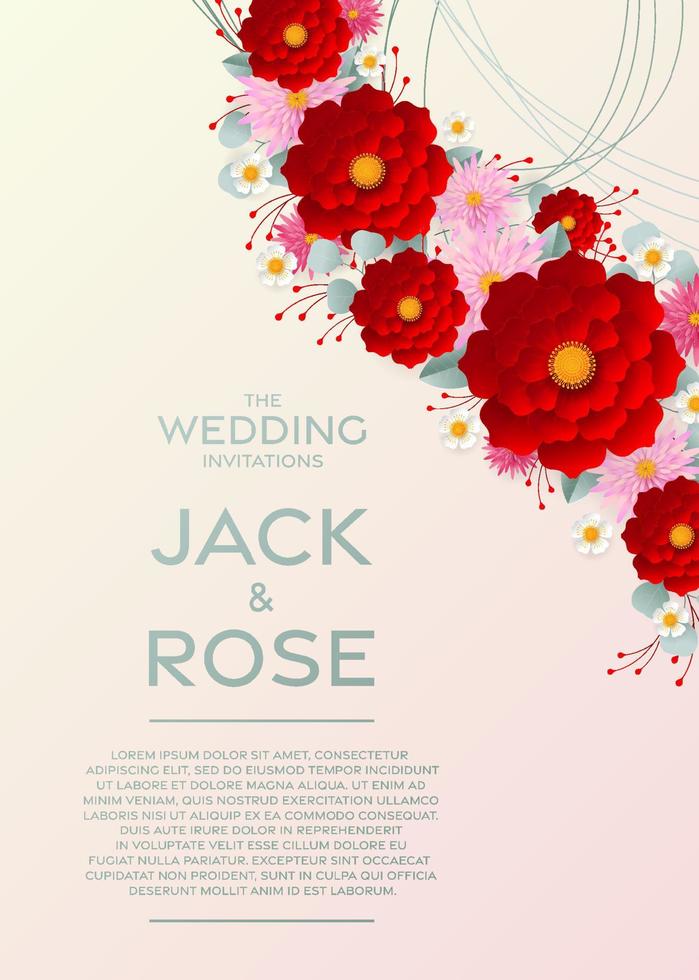 modèle de carte d'invitation de mariage avec des fleurs coupées en papier vecteur